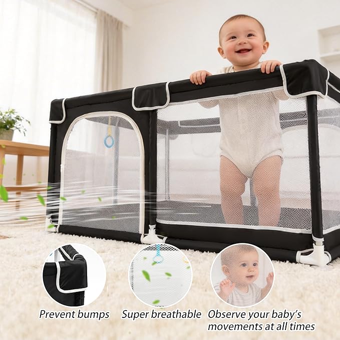 TOMBOSS 50x50 Baby Playpen, Portable Play Yard for Toddlers 1-3, Breathable Mesh Playard, Indoor & Outdoor Play Fence with Pull Rings, Sturdy Activity Pen