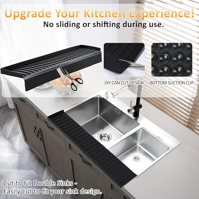 Sink Edge Protector with Suction Cup 4"x14", Silicone Sink Splash Guard for Kitchen & Bathroom, Protect Countertop from Scratches, Stains, for Stainless Steel Granite Quartz-Black