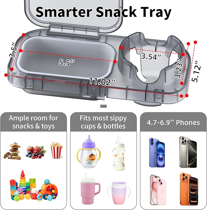 Universal Stroller Snack Tray, 3-in-1 Cup Holder Tray with Clamp & Silicone Arms Grip & Detachable Silicone Tray, Stroller Tray Attachment for Toddler & Kids, Snacking On The Go