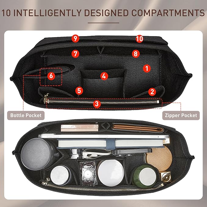Doxo Purse Organizer Insert Handbag Tote Felt Bag Fit L Neverfull GM & Base Shaper 2pc Set (X-Large, Black-Combination)