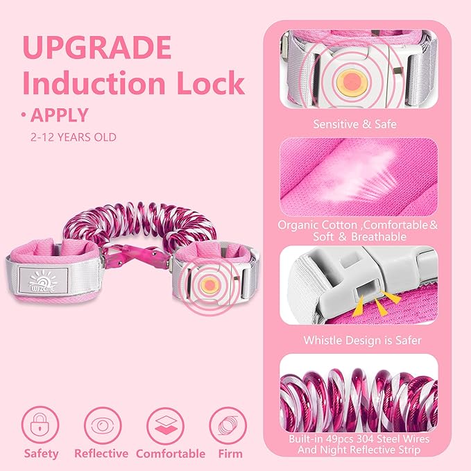 Anti Lost Wrist Link,Toddler Harness Walking Leash with Induction Lock,Reflective Child Wrist Leashes for Baby,6.56ft Kids Leash for Supermarket Mall Airport Amusement Park Zoo Travel（Pink）