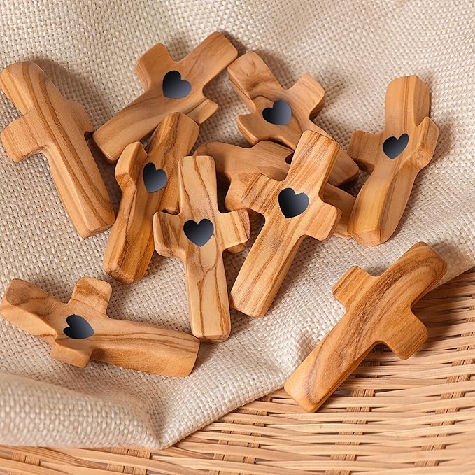 Encouragement Gift Wooden Cross My Heart Fingertip Stress Relief Gifts Small Wood Pocket Cross Christmas Gift Handheld (Olive 3pcs)