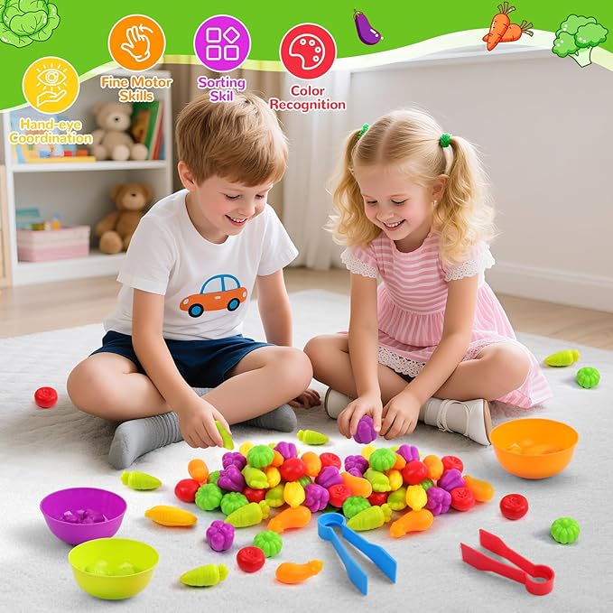 USATDD Counting Vegetables Color Sorting Matching Games with Bowls Preschool Learning Activities for Educational Sensory Montessori STEM Toy Sets for Toddlers Kids Boys Girls Aged 3-5