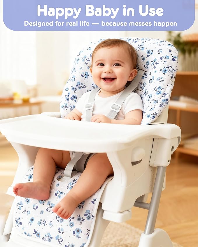 Baby High Chair Cover 2-in-1 Reversible, Includes 5-Point Harness Strap, Waterproof & Soft Side High Chair Pad Cushion, Machine Washable, Extra Thick Highchair Protector-Blue