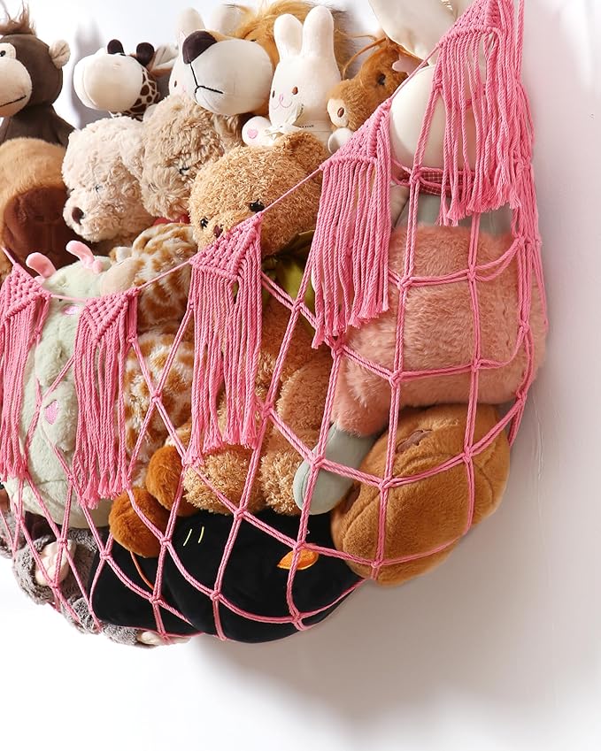 Boho Macrame Stuffed Animal Hammock with LED Lights, Wall Corner Hanging Plushie Net, Large Toy Organizer for Kids Bedroom Nursery Playroom & Dorm (Pink XL)