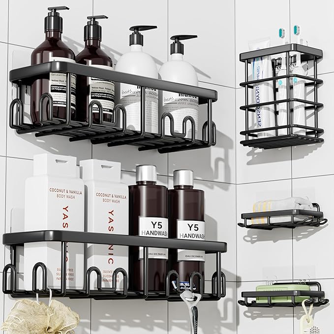 YASONIC Adhesive Shower Caddy, 5 Pack Shower Shelves for Inside Shower, Rustproof Shower Organizer with Soap and Toothbrush Holder, No Drilling Shower Storage for Bathroom/Kitchen