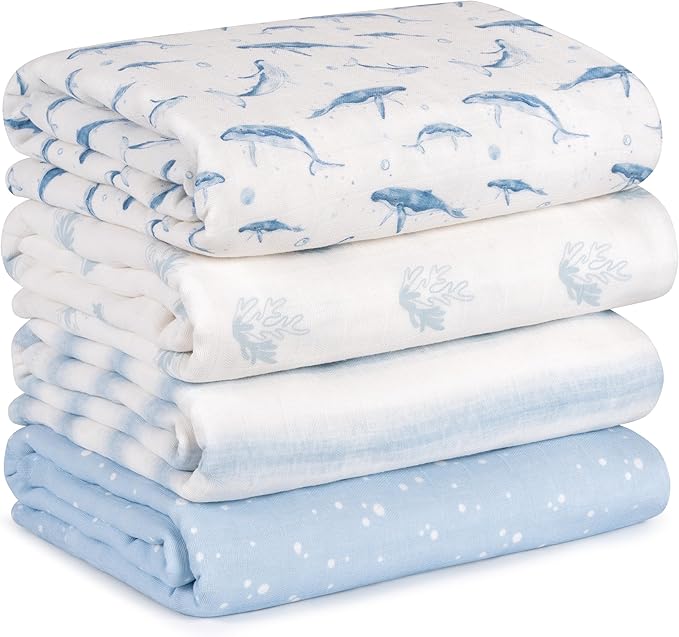 Muslin Swaddle Blankets for Newborn, 4 Pack Cotton Baby Blankets for Boys, Large 31.5 x 43.3 Breathable Soft Receiving Blanket, Essentials Swaddle Wrap Burping Clothes, Blue Whale