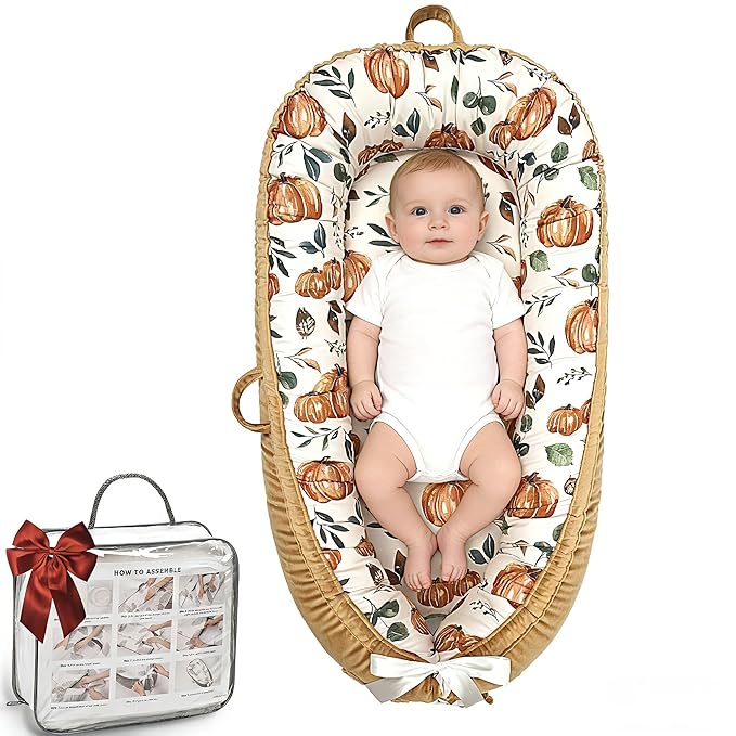 Baby Lounger-Breathable and Soft Organic 100% Cotton, Portable Infant Lounger with Removable Lounger Cover, Baby nest Lounger for Newborn - Punpkin