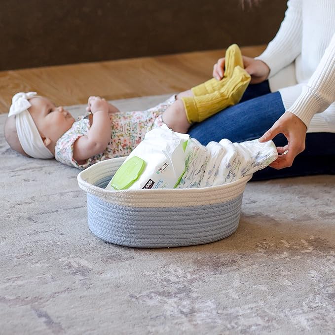 NaturalCozy 3-Piece Oval Storage Basket Set– Soft Natural Rope Woven Baskets for Storage Shelf, Toy, Nursery, Gift, Baby Shower, Pets Cat Dog Bins | Small Basket for Organizing (Off White & Blue)
