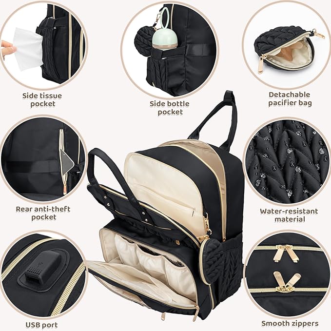 CandyHome Diaper Bag Backpack, Stylish Travel Baby Diaper Bags with Changing Pad, Insulated Pockets, Waterproof Baby Bag Converts into Tote Bag, Diaper Backpack, Stroller Bag (Black)