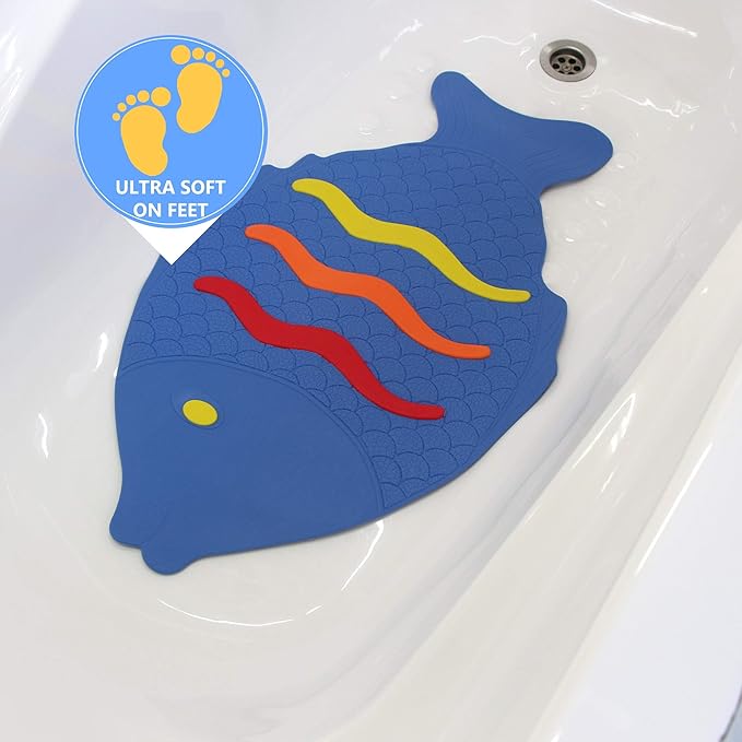 SafeLand Patented Non-Slip Bath, Tub, Baby Mat, TPR Material, Eco-Friendly, Non-PVC, Color Combo, Machine Washable, No-Odor, with Powerful Gripping Suction Cups, Rainbow Fish (16"x27")
