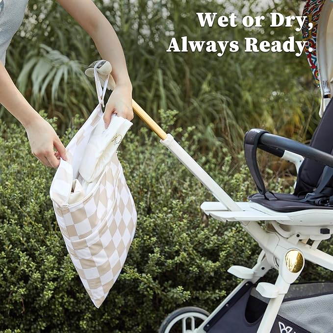Ohocut Beige Khaki Checkered Waterproof Wet Dy Diaper Bag for Baby Essentials, Travel, Swimsuit, Beach Bag Accessories, Aesthetic Trendy Cute Toddler Baby Cloth Bag Pouch, Pack of 2