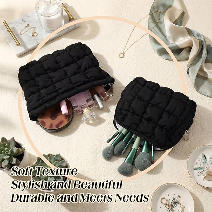 2 Pcs Puffy Makeup Bag Quilted Cosmetic Pouch for Women Cute Checkered Travel Toiletry Bag Puffer Makeup Organizer Purse Pouch Preppy Pencil Case with Zipper(Black)