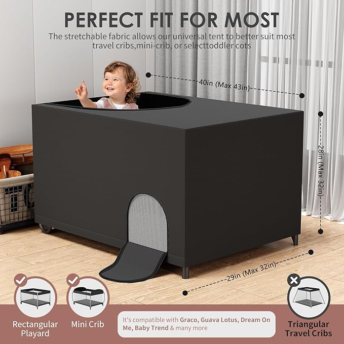 Crib Blackout Cover for Pack N Play, Portable Travel Crib Canopy Cover with Storage Bag, Stretchy Breathable Playard Netting Cover for Indoor Outdoor, Blocks 90% Light, Black