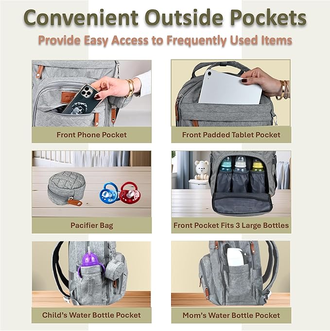 Rojnaz Baby Diaper Bag Backpack - Large Sturdy Bag for Boys & Girls, Changing Pad & Pacifier Case, Large Capacity, Insulated Pockets, Waterproof, Stroller Straps & Carry-on Straps, Unisex - Grey
