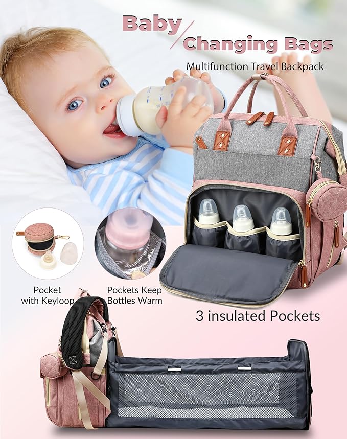 Lamroro Diaper Bag with Changing Station, Waterproof 3 in 1 Baby Diaper Backpack with Foldable Changing Pad, Pink-Grey
