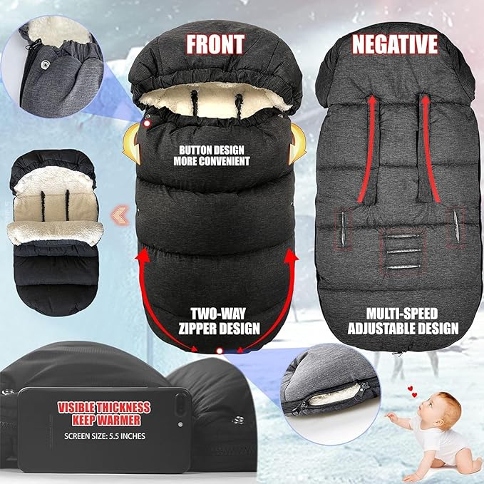Waterproof Thickened Universal Stroller Blanket - Baby/Toddler Stroller Footmuff, Sleeping Bag & Bunting, Cold-Weather Winter Cover（Dark Grey）