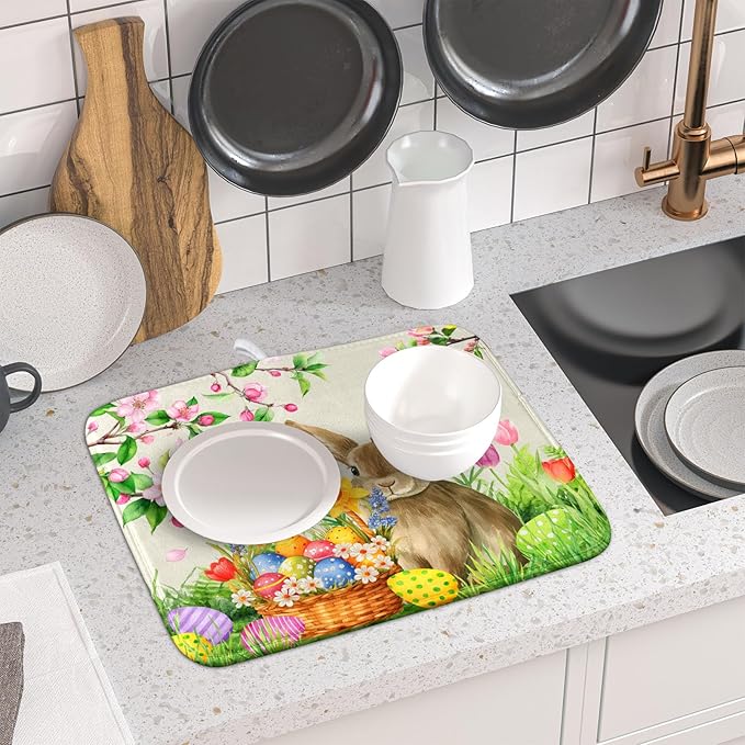 Easter Bunny Colorful Eggs Dish Drying Mat for Kitchen Counter,Spring Flowers Green Grass Drying Mat 16 x 18 Inch with High Absorbent Microfiber Drainer Mat for Coffee Bar