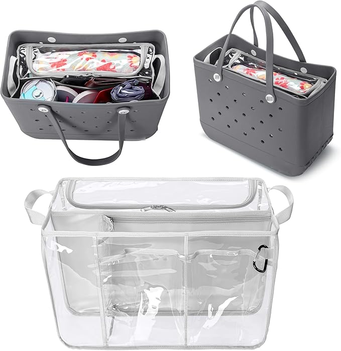 Clear Beach Bag Organizer Insert Compatible with BOGG BAG Original X Large, Zipper Organizer Liner Compatible with BOGG BAG Original X Large, Insert Divider Pouch with 2 Compartments, Gray
