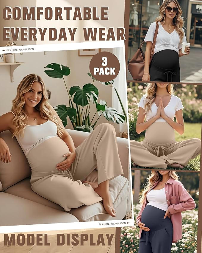 3 Pcs Maternity Sweatpants Over The Belly Pregnancy Straight Wide Leg Elastic Drawstring Pants Joggers with Pockets