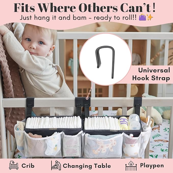 2-Pack Hanging Diaper Organizer for Crib & Changing Table | 50+ Large Capacity Baby Diaper Caddy, Washable Newborn Essentials Organizer for Baby Girl, Ideal Baby Shower Gifts with Hook Straps