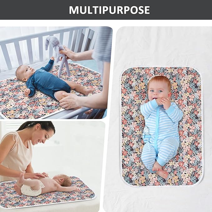 Baby Diaper Changing Pad, 21 5/8" x 31.5" Waterproof Changing Pad Liners - Reusable Soft and Absorbent Portable Changing Mat(Floral3-1PCS)