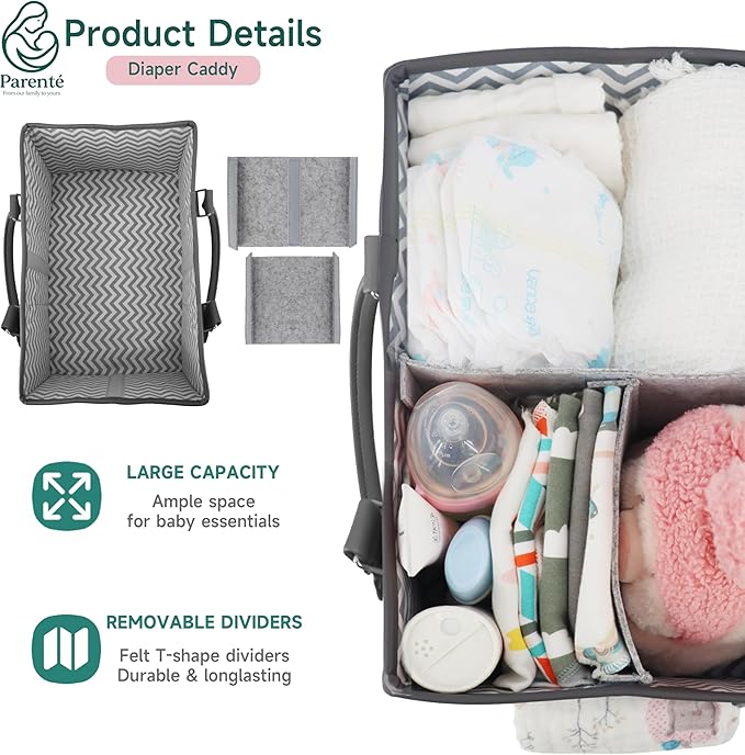 Parenté Diaper Caddy Organizer—Portable Baby Caddy for Baby Stuff, Newborn Essentials Must-Haves, Caddy Organizer with Handle, Ideal Baby Shower Gifts, Nursery Storage Basket for Diapers & Wipes
