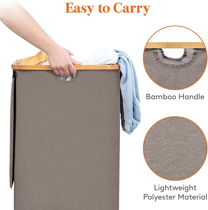 Lifewit 100L Laundry Basket with Lid, Clothes Hampers for Laundry with Bamboo Handles and 1 Removable Bag, Large Foldable Laundry Hamper for Bedroom, Bathroom, Dorm, Laundry Room, Brown