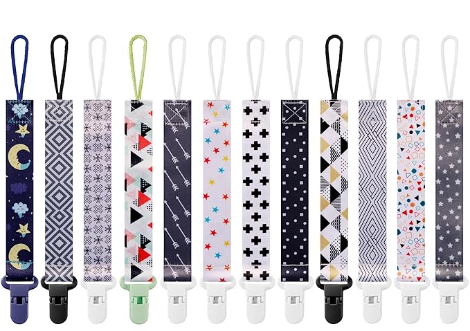 12 Pack Pacifier Clips with Short Strap(25.5cm) - Premium Polyester Baby Pacifier Holder Set, Multi-Design Clips for Boys Girls (Multicolor E 25.5cm)