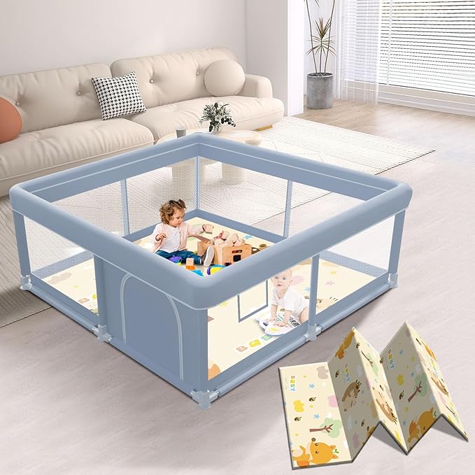 50 x 50 Inch Baby Playpen with Mat, Playpen for Babies and Toddlers, Baby Playard for Indoor & Outdoor Active Center Game Fence, with Skin-Friendly Fabric and Soft Breathable Mesh, Grey