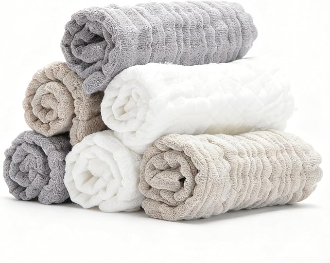 Bear Rocket Organic Muslin Baby Washcloths 6 Pack Baby Bath Face Towel 12x12 Inch Extra Absorbent and Soft Burp Cloth and Wash Cloths for Newborn-Infants On Sensitive Skin (White Grey Brown)