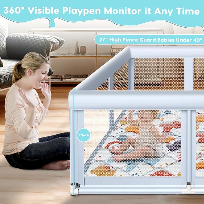 Fshibila 65" ×50" Large Baby Playpen with Mat, Baby Playard for Babies and Toddlers, Play Pens for Indoor & Outdoor, Sturdy Safety Play Yard with Soft Breathable Mesh, Anti-Fall, Grey
