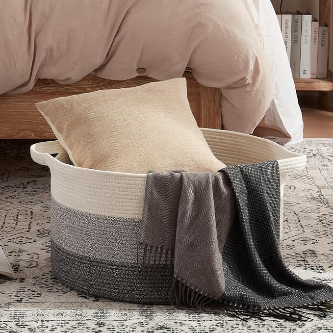 OIAHOMY 105L Blanket Basket for Living Room, Large Basket 23.6" x 23.6" x 14.6" with Handle, Laundry Hamper for Blankets, Pillows, Toy Storage for Kids, Dogs - Gradient Grey