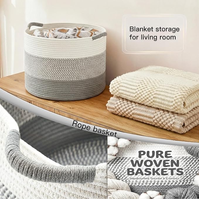 Artfeel 70L Large Cotton Rope Basket, Decorative Woven Blanket Storage for Living Room, Boho Toy Storage & Toy Box for Kids, Versatile Laundry Basket & Nursery Hamper for Blankets(Grey)