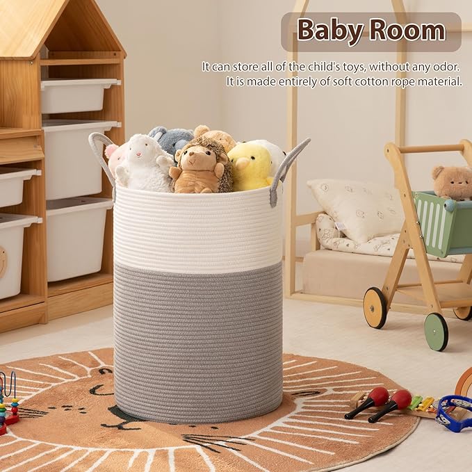 OIAHOMY Large Laundry Basket Hamper - 60L Cotton Rope Woven Basket for Blankets, Toys, Clothes - Tall Decorative Nursery Hamper with Long Handles, Grey/White