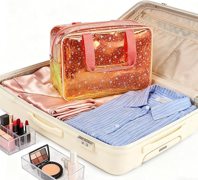 Holographic Brown Clear Star Large Cosmetic Bag and TPU Travel Pouch with Handle,Durable Material,Zipper Design-Ideal for Makeup,Travel Essentials (Brown)