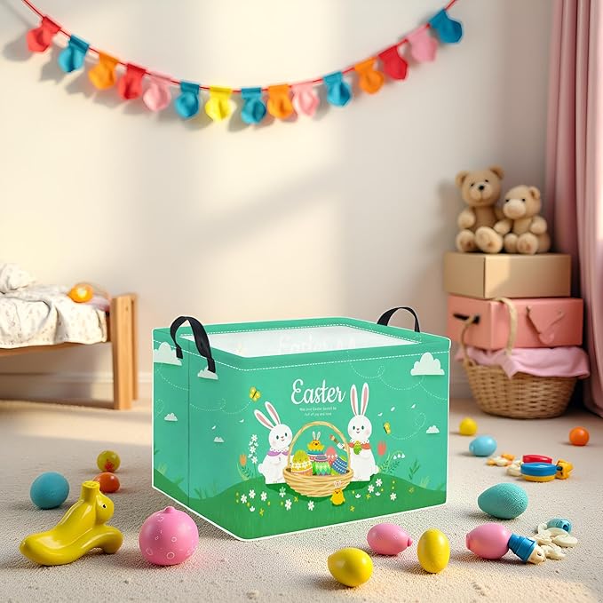 TIBAOLOVER Rectangular Easter Basket for Home Kitchen Baby Girls Basket Cute Storage Bin Organizer Shelf Book Room Decor(Green Cute Bunny)