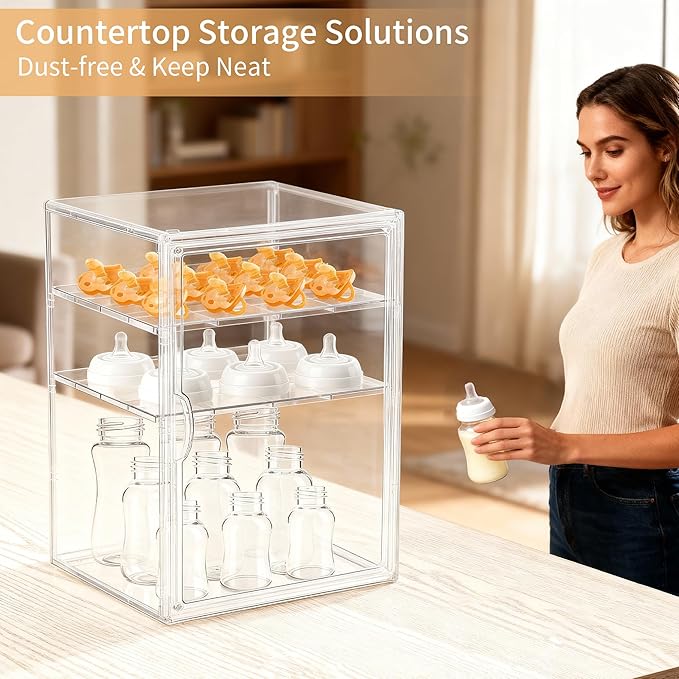 Lifelongpal Baby Bottle Organizer, 3-Tier Clear Bottle Station Organzier for Countertop Cabinet, Acrylic Storage Organizers Container with Magnetic Door for Bottles, Pacifiers, Pump Parts