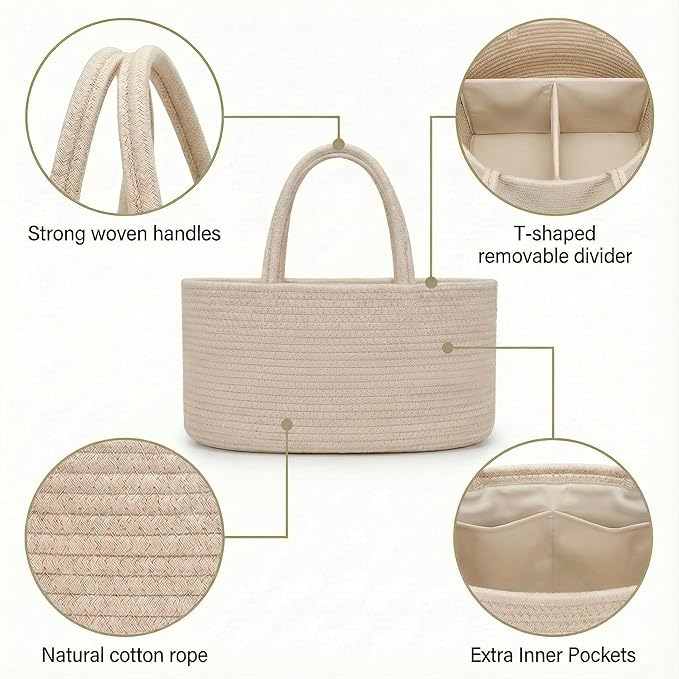 luxury little Diaper Caddy Organizer, Large Cotton Rope Nursery Baby Basket, Changing Table Organizer for Baby Diaper Storage, Portable Car Organizer Removable Divider (Oatmeal, Extra Large)