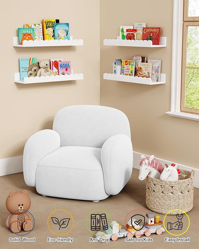 Scalloped Nursery Floating Shelves for Wall Set of 4, White Kids Book Shelves Wall Mounted, Cloud Hanging Bookshelf for Baby Toddler Child Girls Boys Room Bathroom Bedroom Toys (Pine Wood)