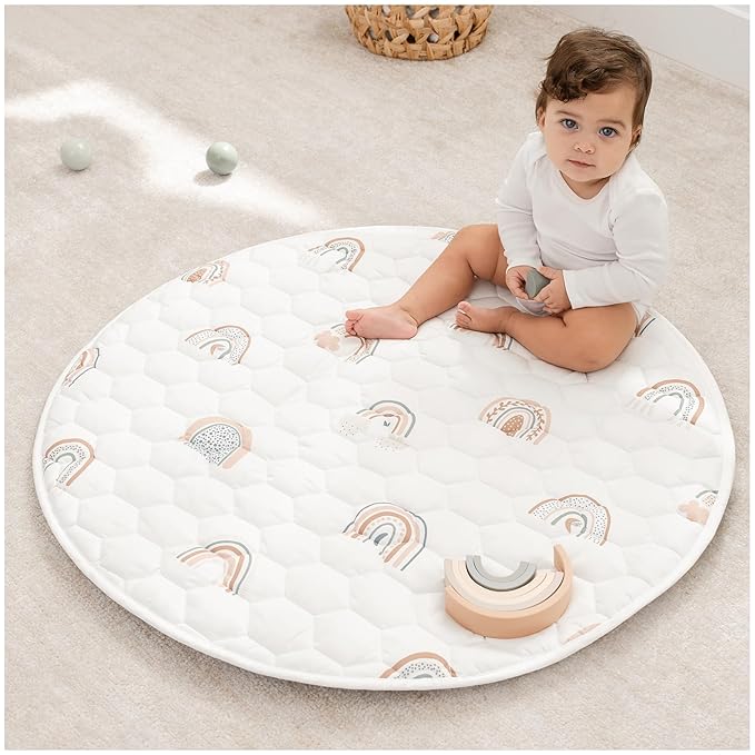 Comfy Cubs Round Kids Play Mat -Small 36 inches Soft Quilted Baby Floor Mat with Non-Slip Bottom - Plush Design for Toddlers' Playtime - Comfortable and Durable - Rainbow