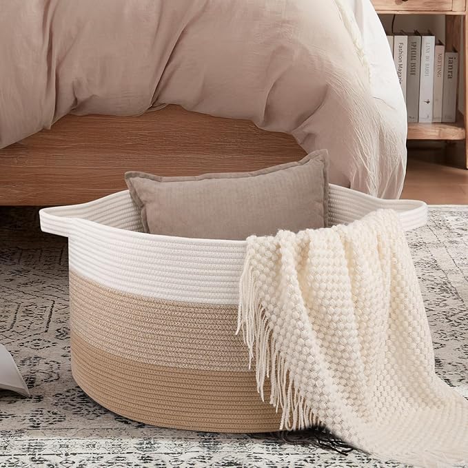 OIAHOMY 90L Blanket Basket for Living Room, Large Basket 23" x 23" x 13" with Handle, Laundry Hamper for Blankets, Pillows, Toy Storage for Kids, Dogs - Gardient Light Brown