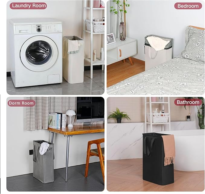 efluky Slim Laundry Basket, Narrow Laundry Hamper with Handles, Collapsible Dirty Clothes Hamper, Tall Laundry Bin for Laundry Room, Dorm and Bedroom, 12.7 Gallons(48L) Grey (Pack of 2)