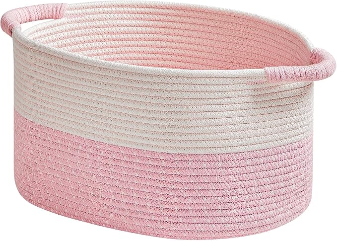 R RUNKA Storage Baskets for Organizing | 15"x10.2"x9.1" - 1 Pack Nursery Bin with Handles - Woven Cotton Rope Baskets for Dog Toys, Books, Shelf, Bathroom,Closet -Pink Basket for Girls