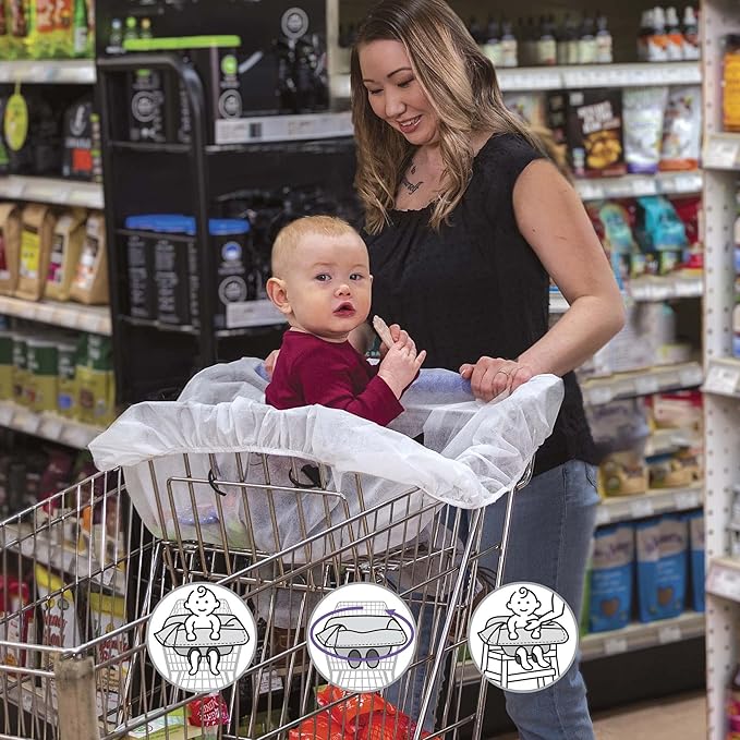 Boppy Disposable Shopping Cart Cover, Pack of 5 Single-use Covers in Resealable Pouch for On-The-Go Backup, Easy-on Design for Shopping Carts and Playground Swings, 6-48 Months