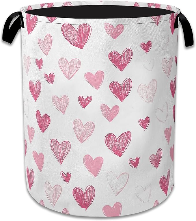 Pink Heart Laundry Basket Collapsible Laundry Hamper with Handle, Oxford Clothes Toy Storage Bin for Bathroom Bedroom Room Decor, Gift Basket 16" X 20.8"