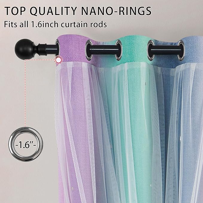 XiDi Purple Grey Green Curtains for Girls Bedroom 96 Inches Long 2 Panels Set, Rainbow Blackout Curtains for Kids Nursery Room Decor, Unicorn Wall Decals Drapes for Living Room 52 Inches Wide