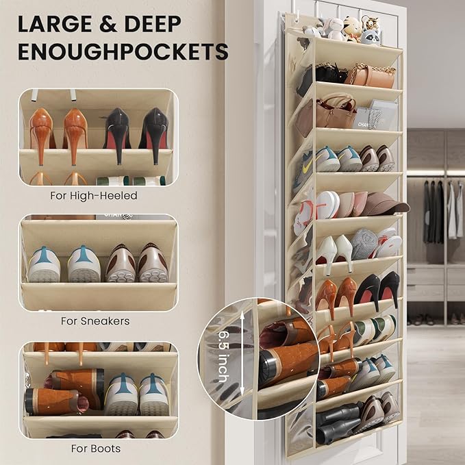 Mefirt 10 Tier Clear Over the Door Shoe Organizer with Deep Pockets, Door Shoes Rack with Hard Tube to Keep the Shape, Hanging Shoe Rack for Closet Organizers & Storage, Behind Door Shoe Holder Beige