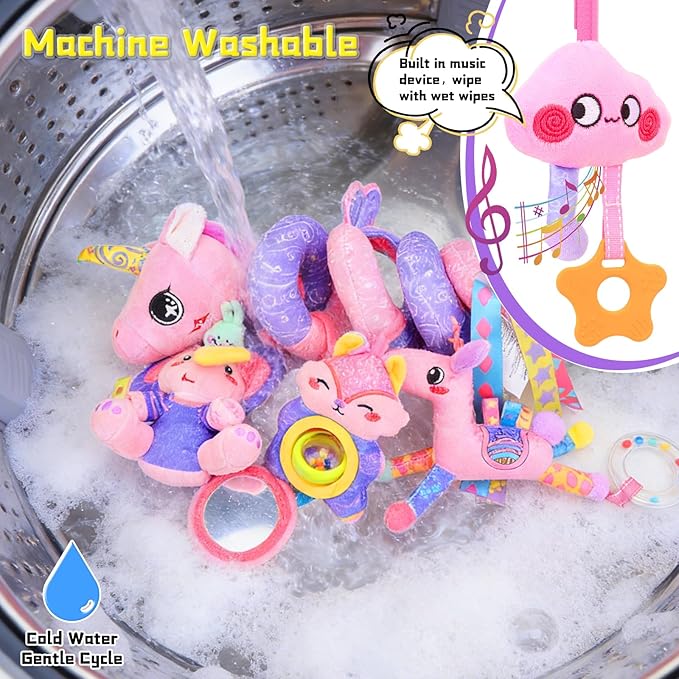 Musical Car Seat Toy for Babies 0-12 Months Girl, 5-in-1 Sensory Activity Hanging Toy Stroller Toy with Soothing Music, Rattle, Mirror for Newborn Infants Essential Gifts, Unicorn