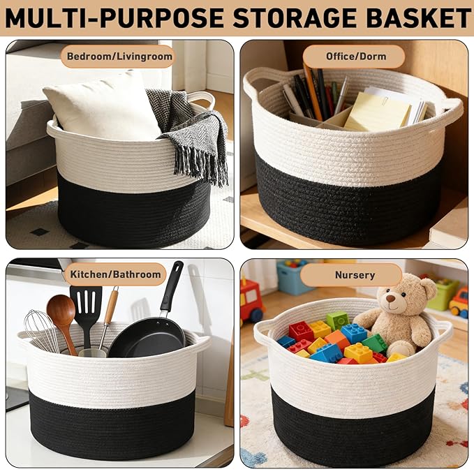 90L Large Blanket Basket,21.7"L x 21.7"W x 13.8"H Rope Woven Baskets with Handles, Toys Storage Bins,Laundry Basket Perfect for Living Room, Nursery,Bedroom,Home Organization,White&Black